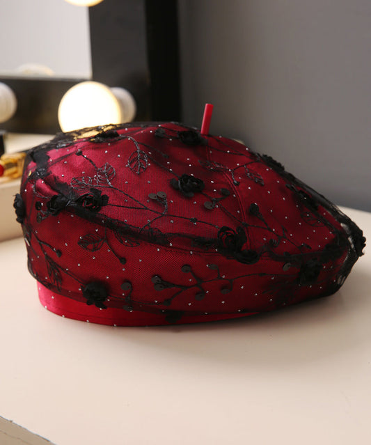 Chic Red Sequins Floral Lace Beret Hat