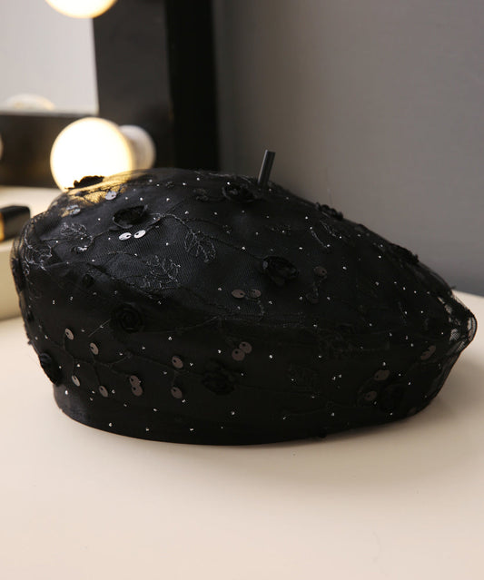 Chic Red Sequins Floral Lace Beret Hat