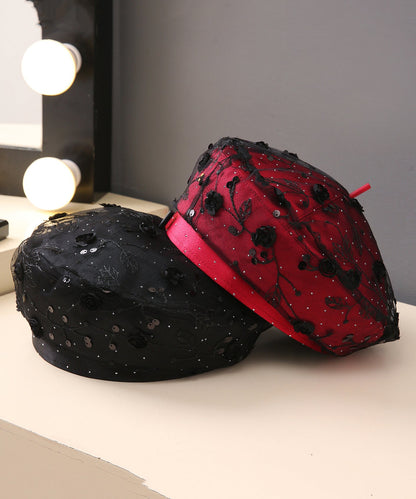 Schicke rote Pailletten-Baskenmütze mit Blumenmuster