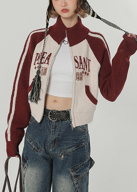 Schicker roter Patchwork-Strickmantel mit Stehkragen, locker geschnitten, Wintermantel