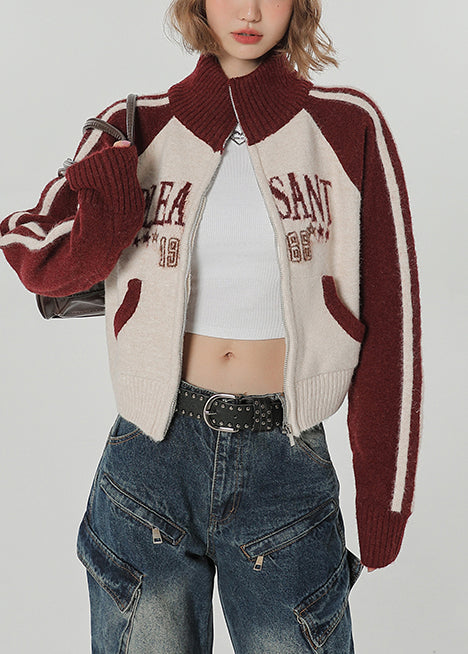 Schicker roter Patchwork-Strickmantel mit Stehkragen, locker geschnitten, Wintermantel