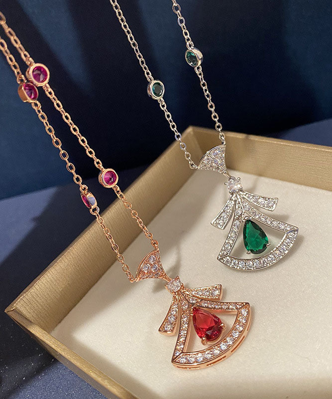 Elegante collar con colgante en forma de abanico de circonita y gema dorada de plata de ley roja