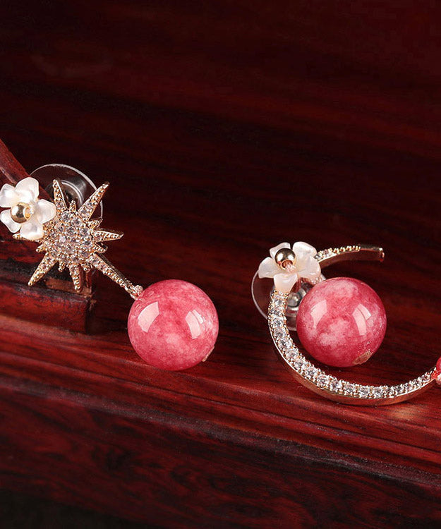 Schicke asymmetrische Creolen aus rotem Sterlingsilber mit Zirkonia-Muschel