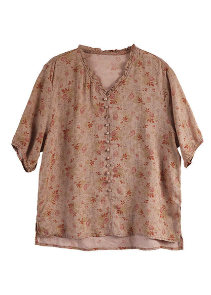 Schickes rotes Leinentop mit V-Ausschnitt und Knöpfen, kurze Ärmel