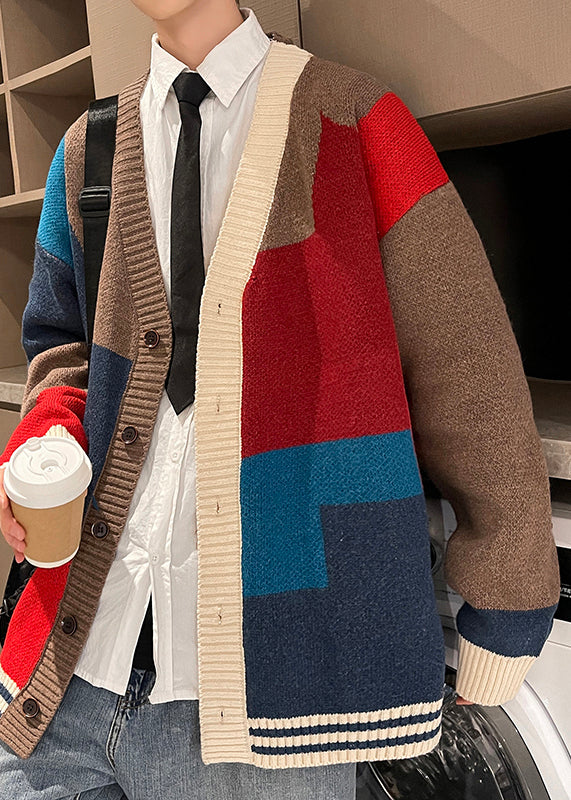 Chic Red V Neck Button Patchwork Knit Mens Coats Spring
