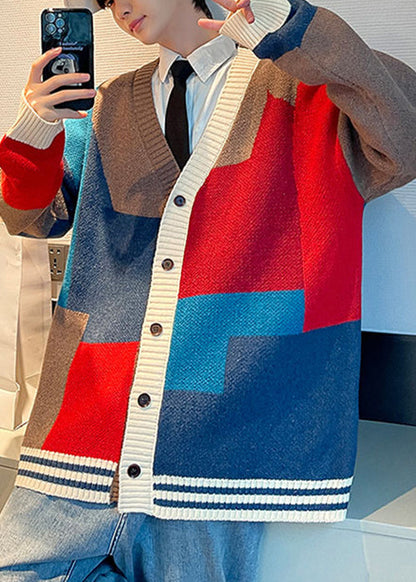 Chic Red V Neck Button Patchwork Knit Mens Coats Spring