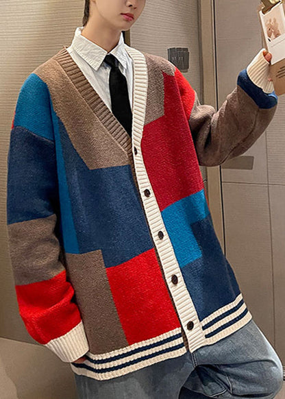 Chic Red V Neck Button Patchwork Knit Mens Coats Spring
