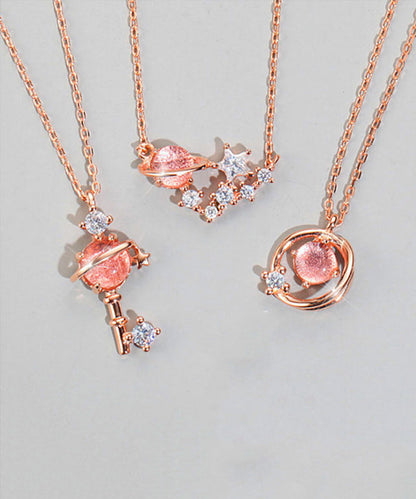 Elegante collar con colgante de tres piezas de cielo estrellado y circón con incrustaciones de gemas en oro rosa dorado