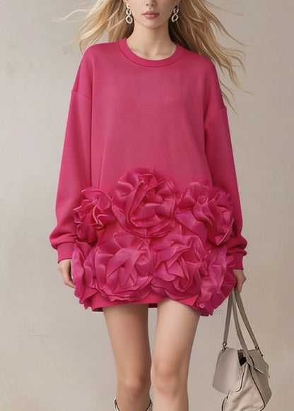 Chic Rose O Neck Floral Cotton T Shirt Dress Spring