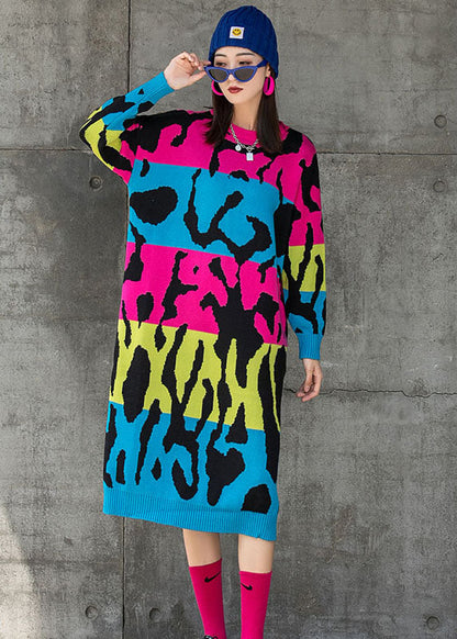 Chic Rose O-Ausschnitt Loose Knit Fall Straight Maxikleid Langarm