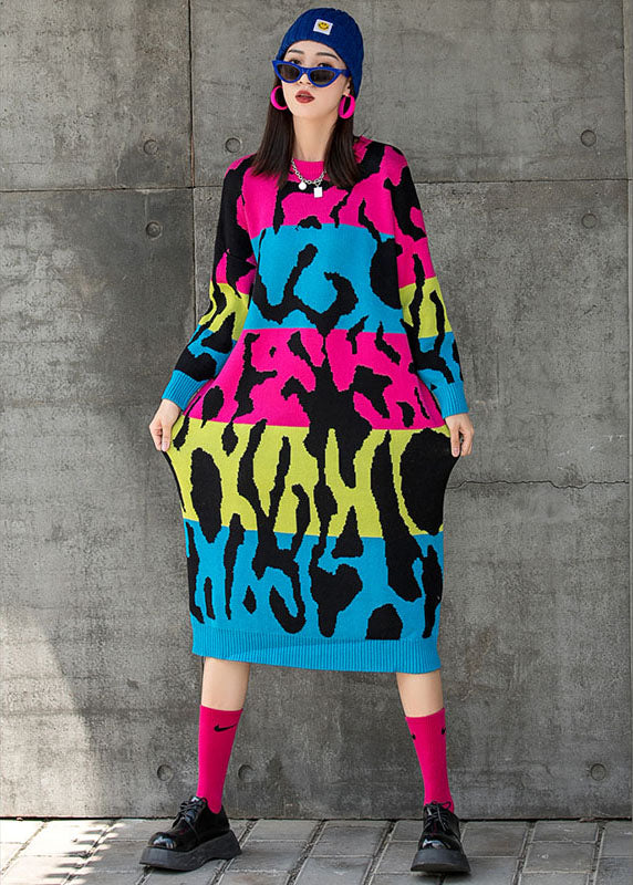 Chic Rose O-Ausschnitt Loose Knit Fall Straight Maxikleid Langarm