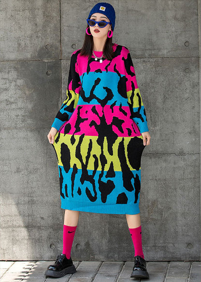 Chic Rose O-Ausschnitt Loose Knit Fall Straight Maxikleid Langarm