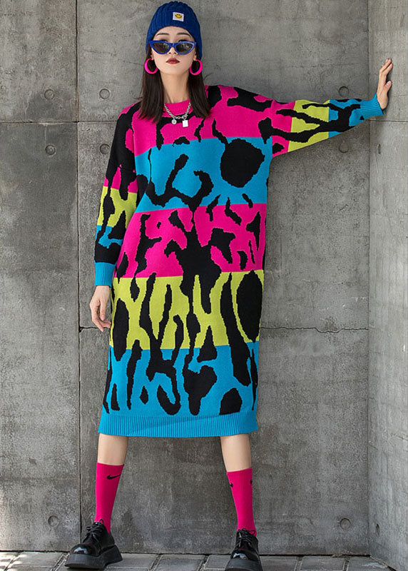 Chic Rose O-Ausschnitt Loose Knit Fall Straight Maxikleid Langarm