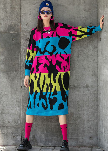 Chic Rose O-Ausschnitt Loose Knit Fall Straight Maxikleid Langarm