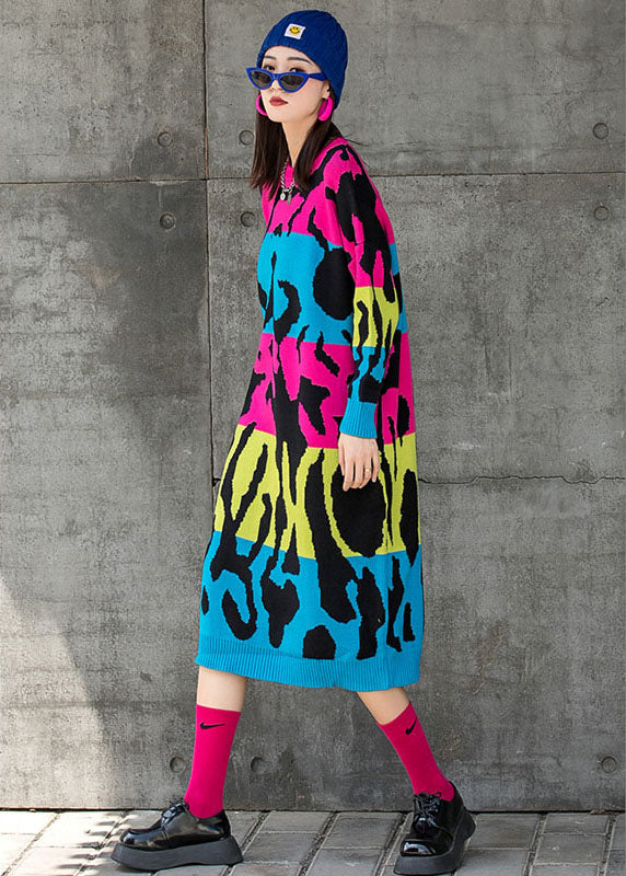 Chic Rose O-Ausschnitt Loose Knit Fall Straight Maxikleid Langarm