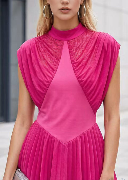 Chic Rose O Neck Wrinkled Patchwork Tulle Tops Sleeveless