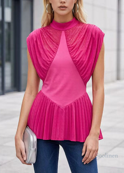 Chic Rose O Neck Wrinkled Patchwork Tulle Tops Sleeveless