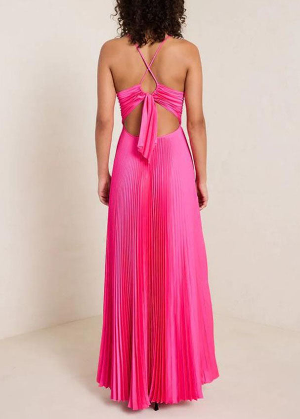 Chic Rose V Neck Lace Up Wrinkled Spaghetti Strap Dress Summer