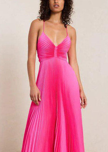 Chic Rose V Neck Lace Up Wrinkled Spaghetti Strap Dress Summer