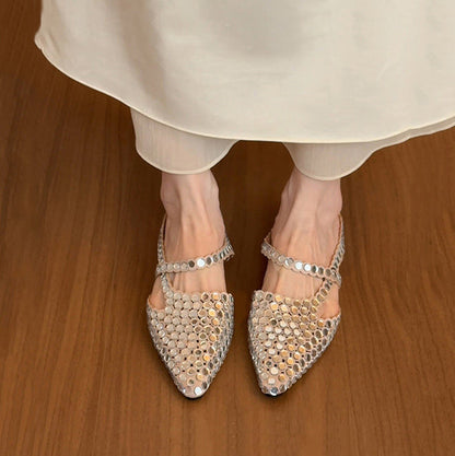 Chic Sequins Splicing Silver Faux Leather Slide Sandals Pointed Toe