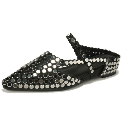Chic Sequins Splicing Silver Faux Leather Slide Sandals Pointed Toe
