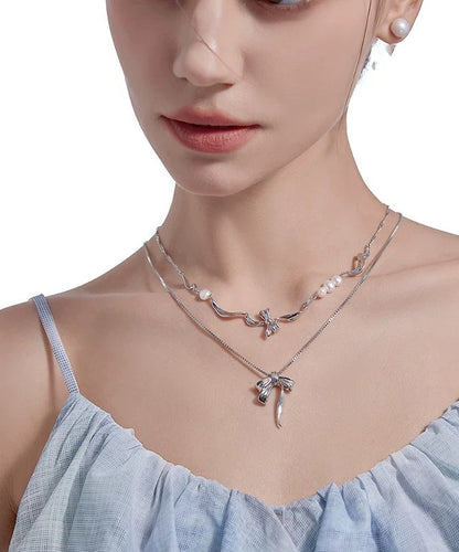 Chic Silk Alloy Pearl Bow Pendant Necklace Two-Piece Set