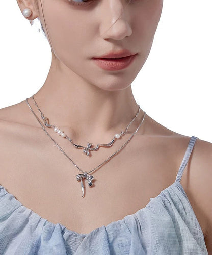 Chic Silk Alloy Pearl Bow Pendant Necklace Two-Piece Set