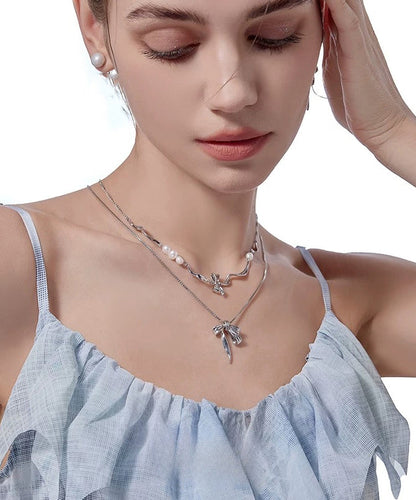 Chic Silk Alloy Pearl Bow Pendant Necklace Two-Piece Set