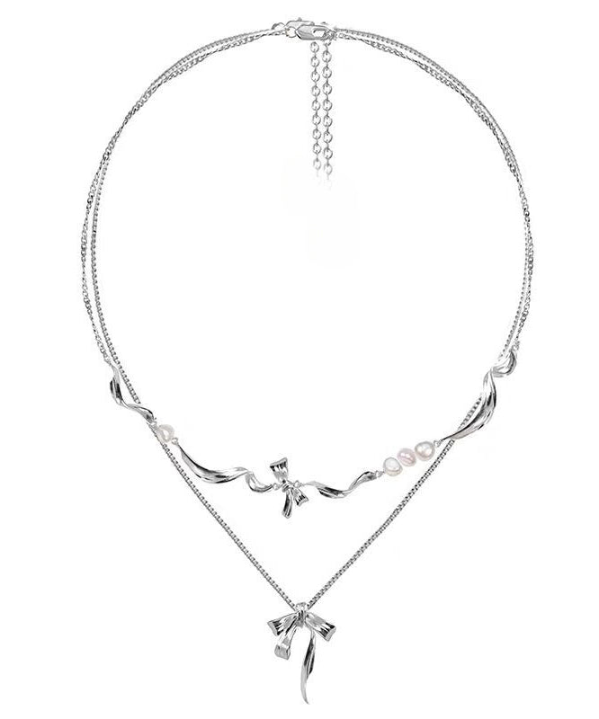 Chic Silk Alloy Pearl Bow Pendant Necklace Two-Piece Set