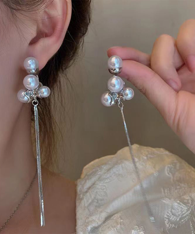 Pendientes elegantes de seda con borlas de perlas y aleación de plata esterlina