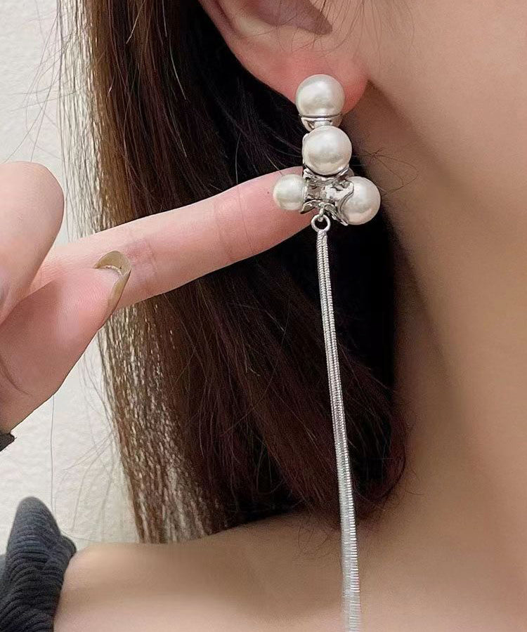 Pendientes elegantes de seda con borlas de perlas y aleación de plata esterlina
