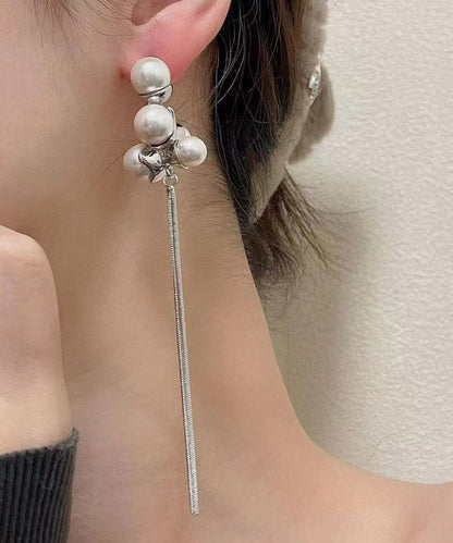 Pendientes elegantes de seda con borlas de perlas y aleación de plata esterlina