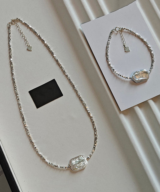 Chic Silver Asymmetric Pearl Adjustable Two Piece Set Pendant Necklace