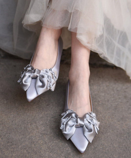 Chic Silver Grey Bow Splicing Flat Feet Shoes Pointed Toe