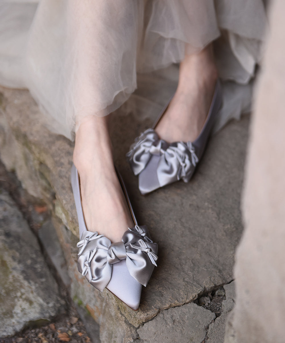 Chic Silver Grey Bow Splicing Flat Feet Shoes Pointed Toe