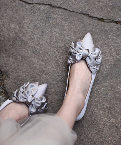 Chic Silver Grey Bow Splicing Flat Feet Shoes Pointed Toe