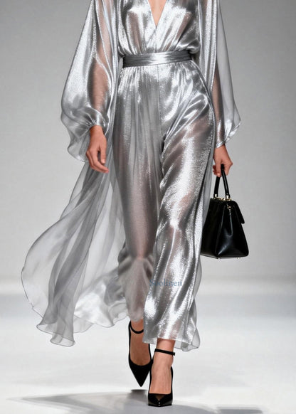 Chic Silver V Neck Silk Long Dresses Spring
