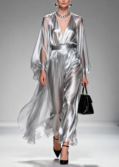 Chic Silver V Neck Silk Long Dresses Spring
