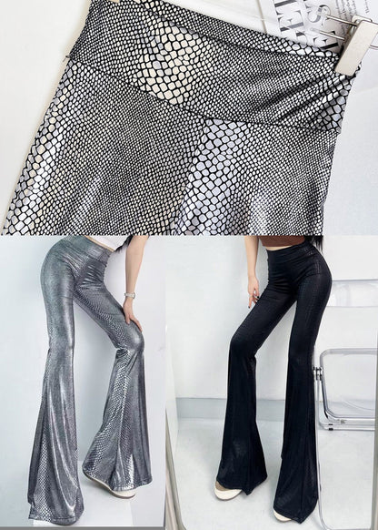 Chic Silvery Snakeskin Pattern Tummy Control Flared Trousers Fall