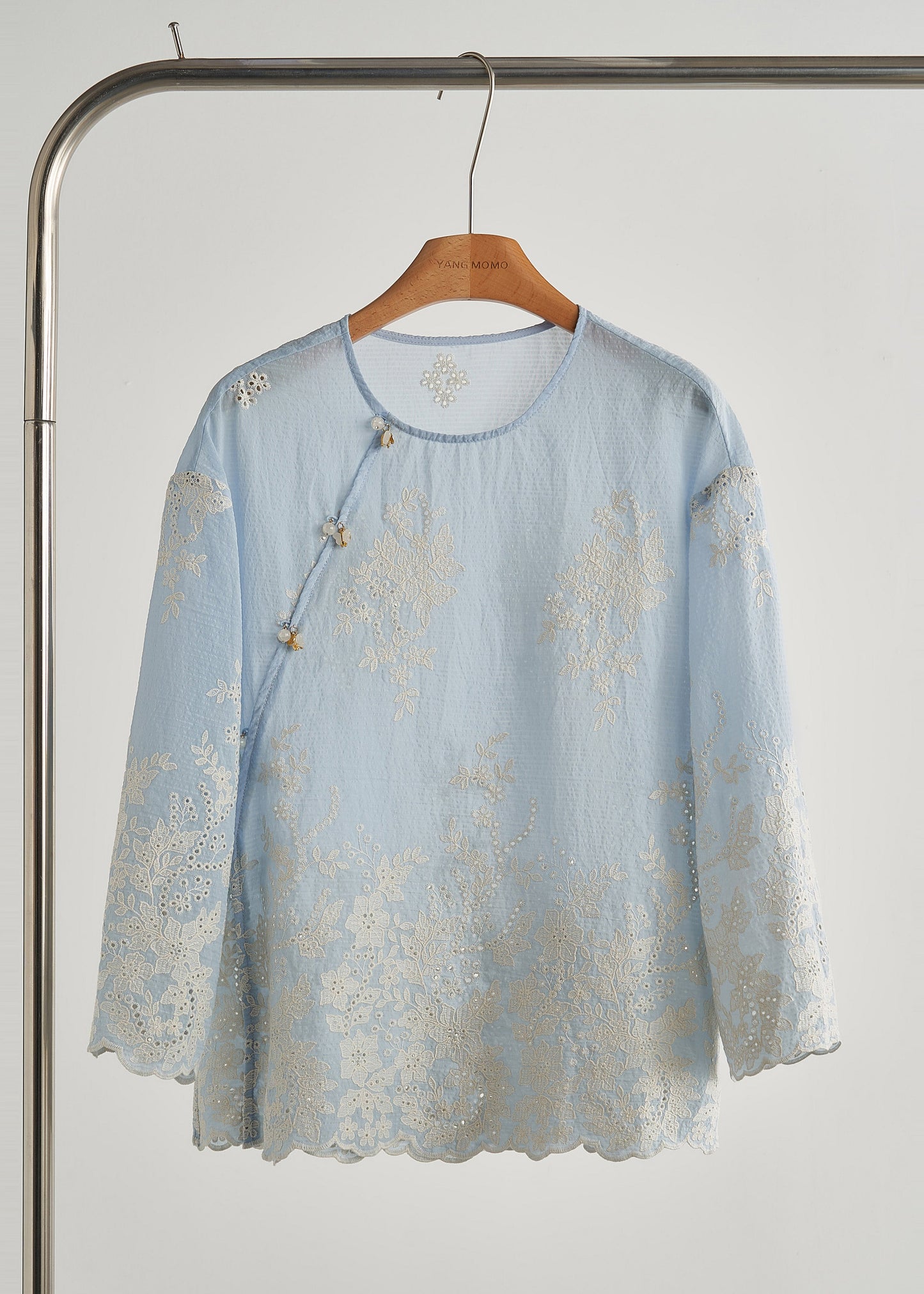 Chic Sky Blue Embroidered Hollow Out Cotton Top Spring