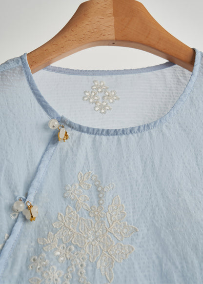 Chic Sky Blue Embroidered Hollow Out Cotton Top Spring