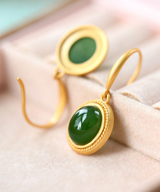 Elegantes pendientes colgantes de jade con incrustaciones en plata de ley verde espinaca
