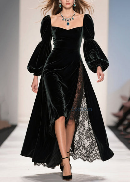 Vestido elegante de terciopelo con cuello cuadrado y patchwork de encaje hasta el tobillo para primavera