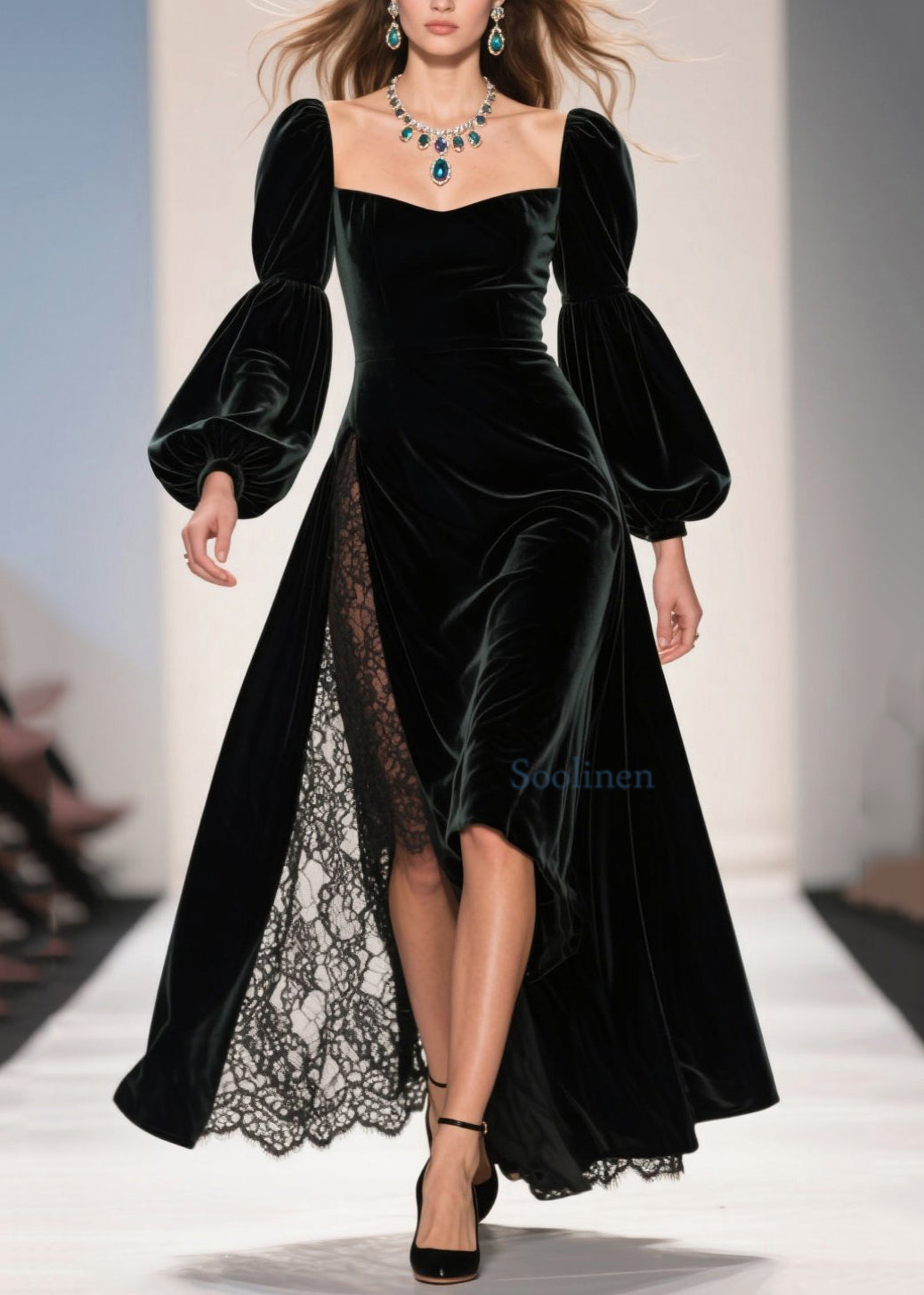 Vestido elegante de terciopelo con cuello cuadrado y patchwork de encaje hasta el tobillo para primavera