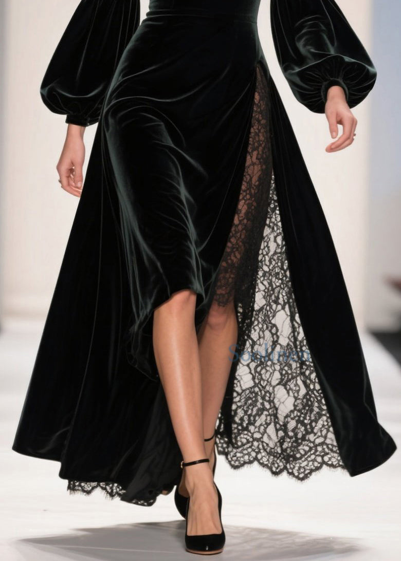 Vestido elegante de terciopelo con cuello cuadrado y patchwork de encaje hasta el tobillo para primavera