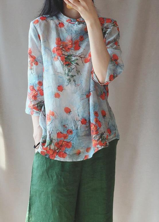 Chic Stand Collar Chinese Button Tops Women Print Shirts - SooLinen