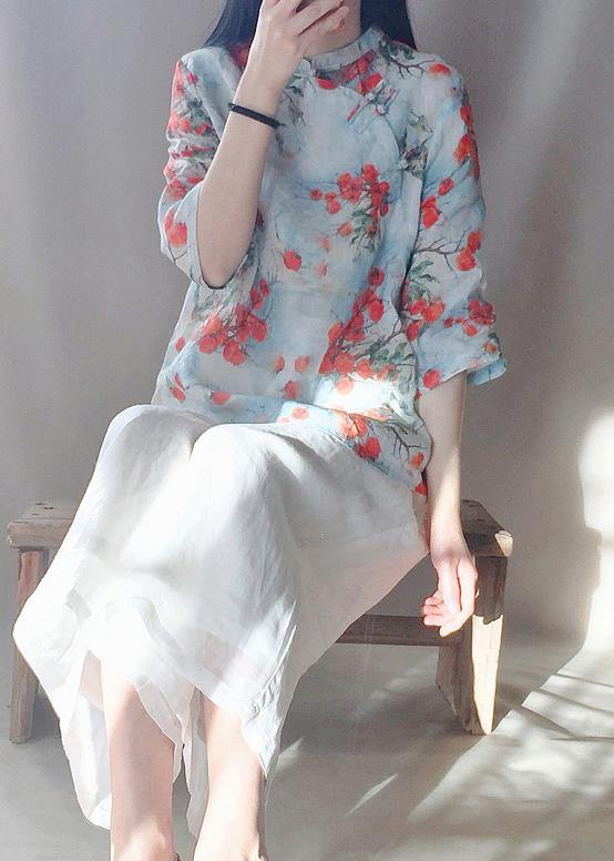 Chic Stand Collar Chinese Button Tops Women Print Shirts - SooLinen