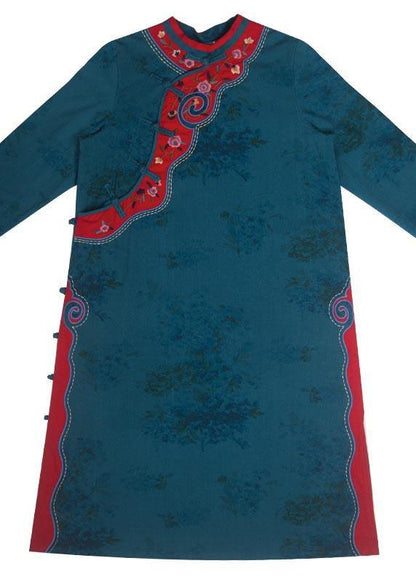 Chic Stand Collar Spring Tunics Pattern Blue Embroidery Long Dresses - SooLinen