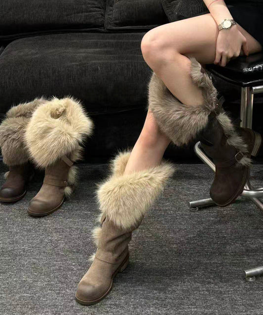 Chic Suede Grey Suede Splicing Boots Fuzzy Wool Lined