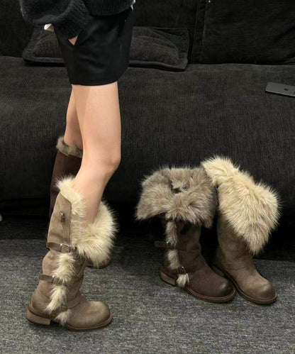 Chic Suede Grey Suede Splicing Boots Fuzzy Wool Lined